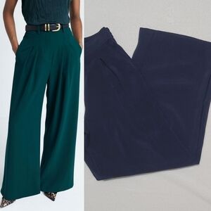 Max Studio Navy Blue Satin High Waisted Pleated Wide Leg Trousers XS